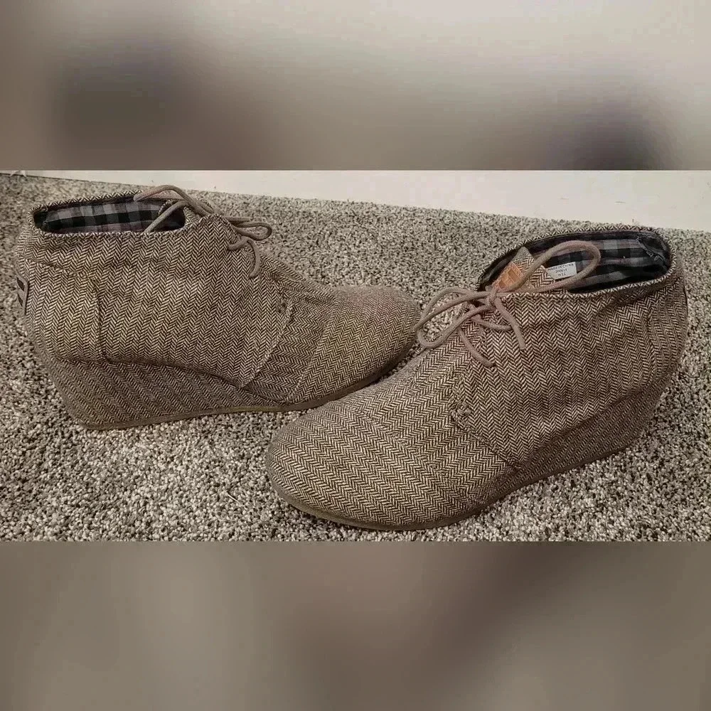 Toms Desert Herringbone Lace Up Wedge Ankle Oxford Bootie Brown Wool Upper Sz 11